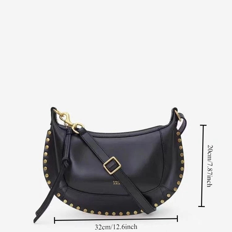 "Half Moon' Retro Classic Style Cowhide Shoulder Bag with Gold Rivet