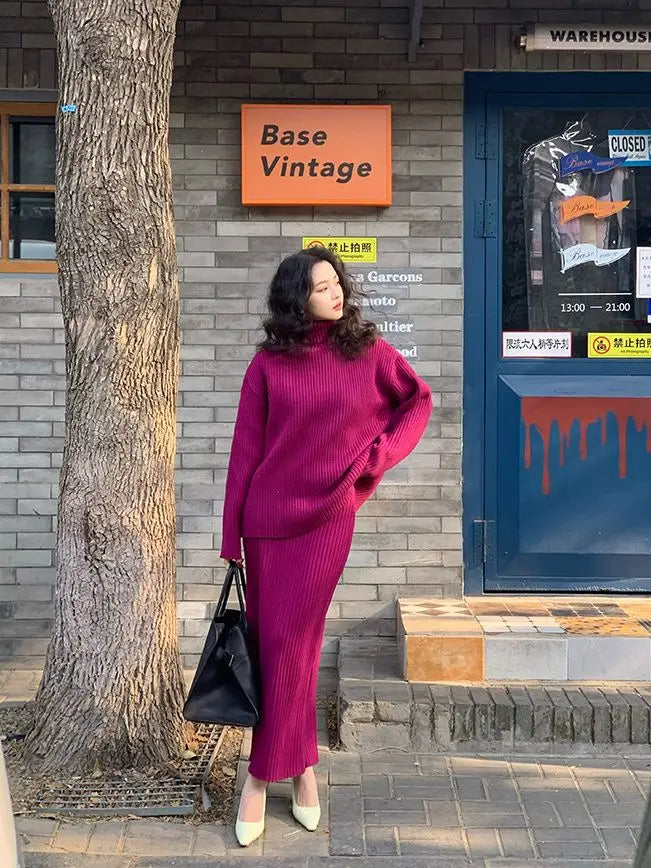 French Trendy Retro Two-piece Set with High Neck Sweater Knitted Top