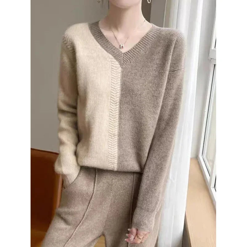 Chic Cashmere Knitted Color Block Patchwork Loose-Fit Style Pullover