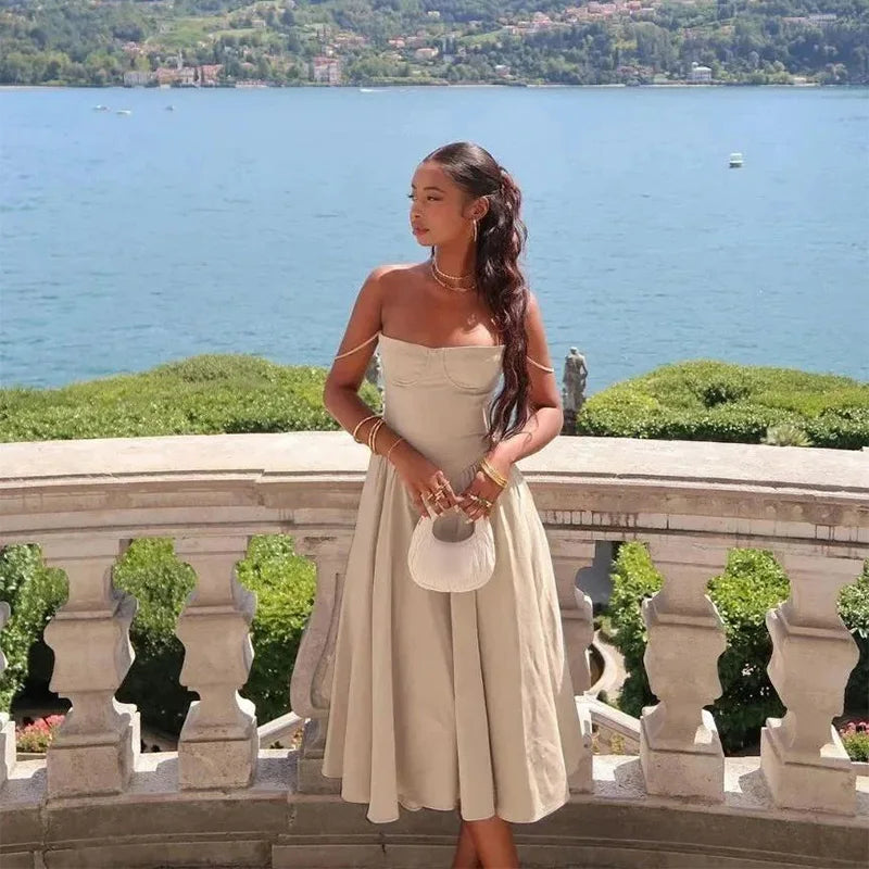 Party Pleated Hem Sling Midi Sleeveless Backless Dresses