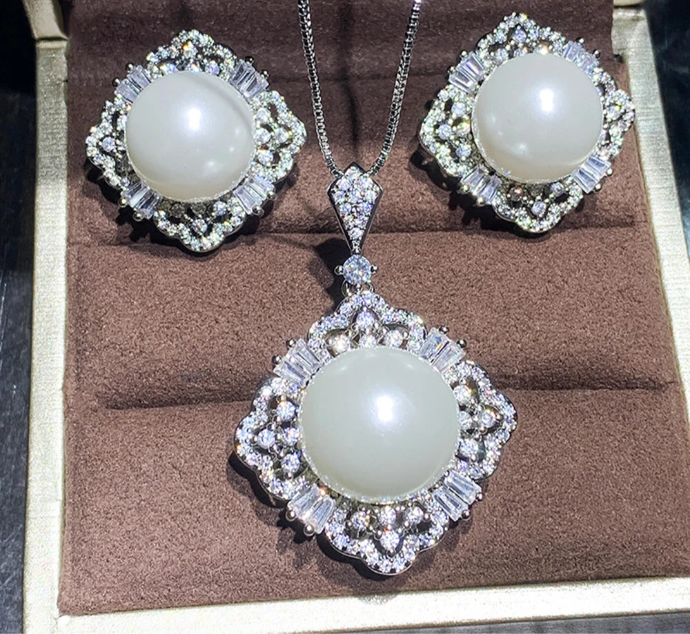 Large Pearl Pendant Necklace & Earrings Set