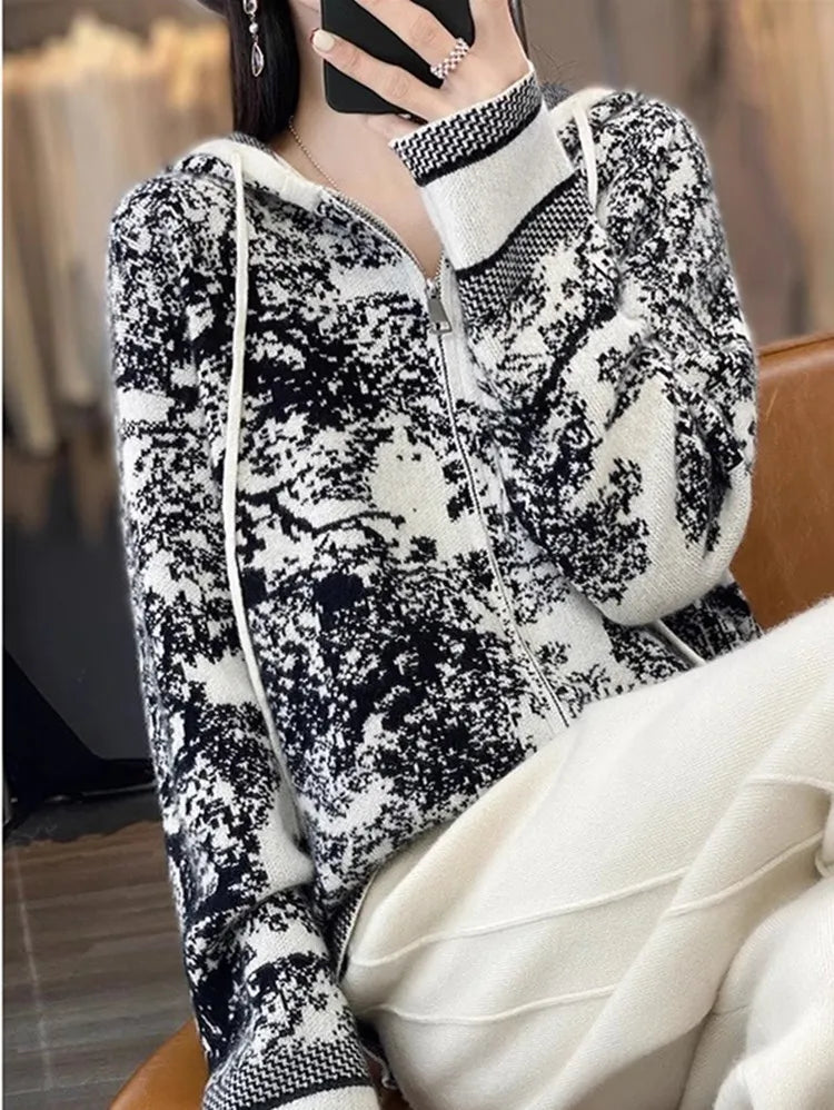 Tie Dye Pure Wool Black and White  Painting Hooded Zipper Cardigan