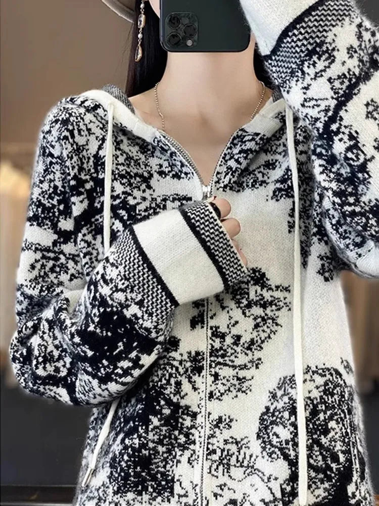 Tie Dye Pure Wool Black and White  Painting Hooded Zipper Cardigan