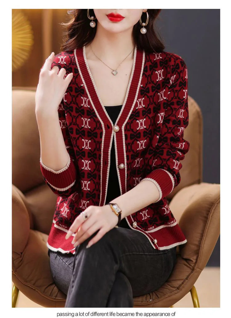 Vintage Elegant V-neck Jacquard Knitted Cardigan