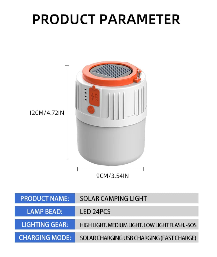 Solar or USB LED Rechargeable Light for Outdoor Hiking or Emergency Outage