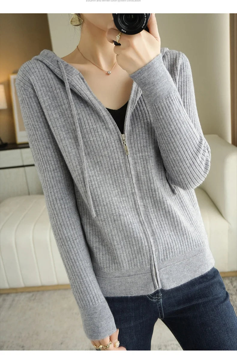 Buttery Soft 100% Pure Merino Wool Knitted  Zipper Hooded Cardigan