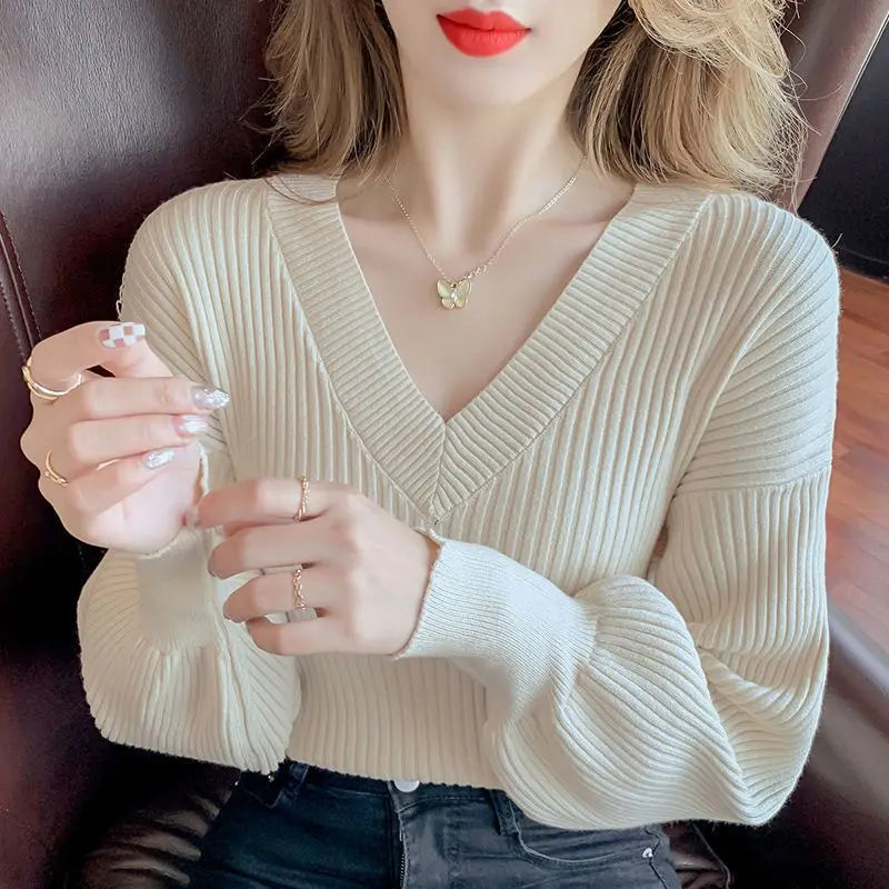 Vibrant Style Casual V-neck  Knit  Sweater Pullover