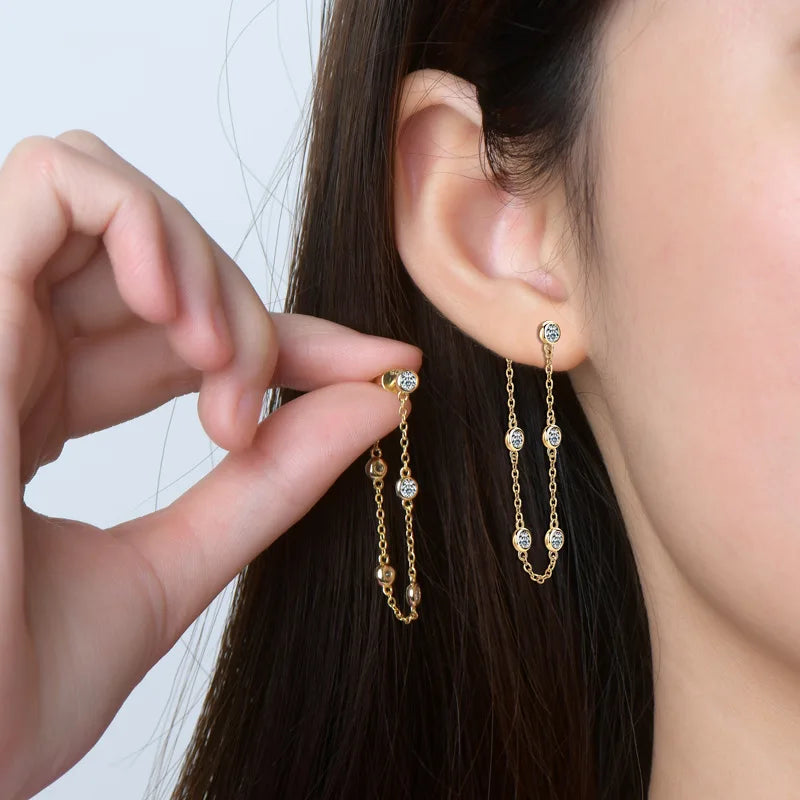 GRA Certified Flawless Moissanite Chain Drop Earrings 925 Sterling Silver 14K Gold Overlay