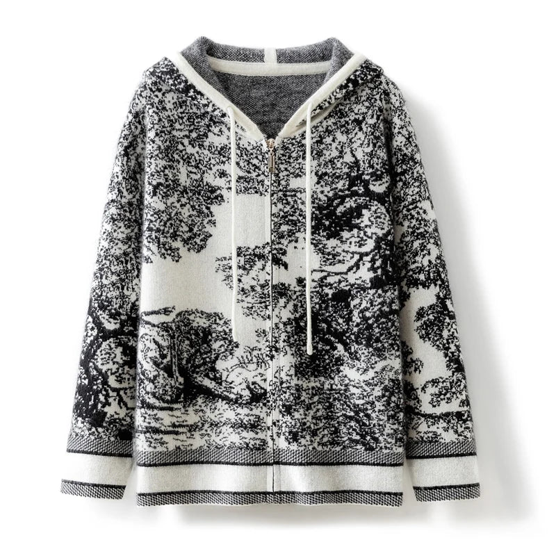 Tie Dye Pure Wool Black and White  Painting Hooded Zipper Cardigan