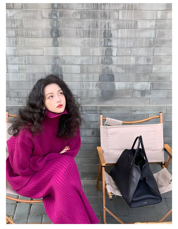 French Trendy Retro Two-piece Set with High Neck Sweater Knitted Top