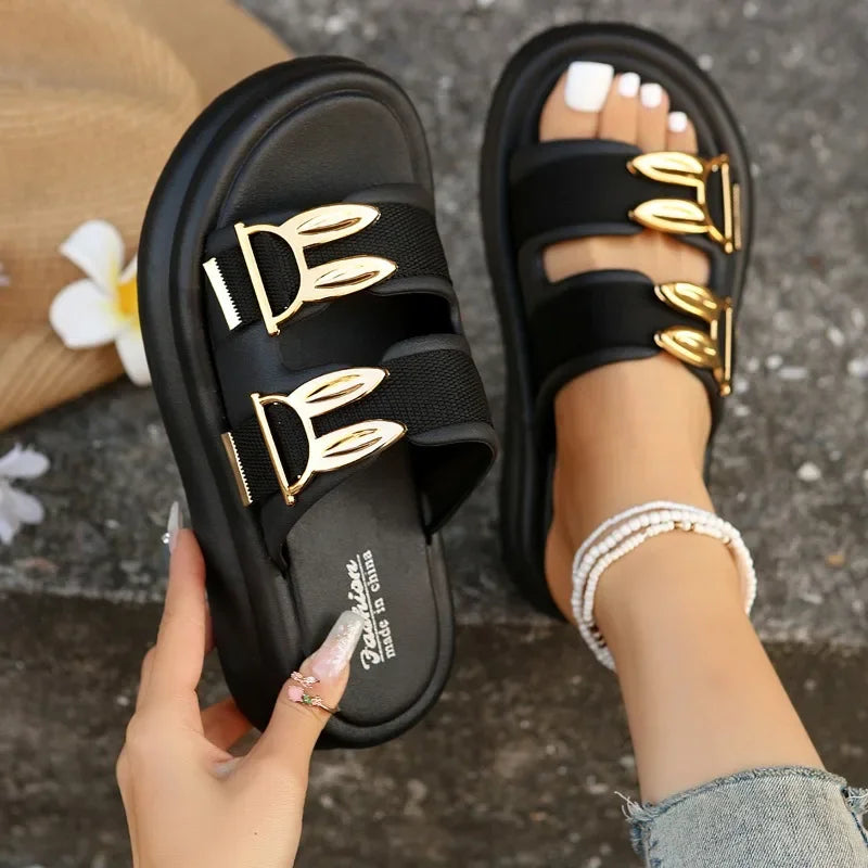 Ladies Shoes 2024 Slingbacks Women's Slippers Fashion Metal Decoration Daily Slippers Women Hot Sale Round Toe Platform Slippers