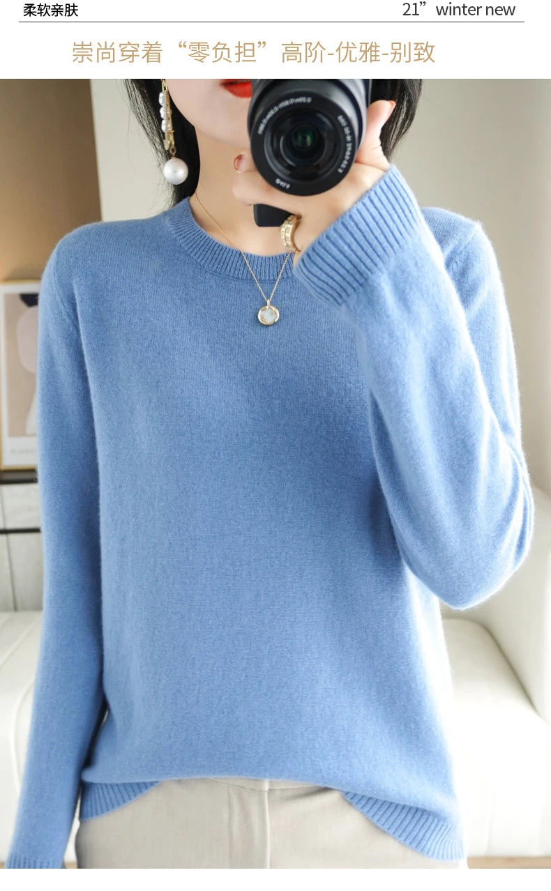 Classic Style Cashmere Round Neck Pullover with  Long Sleeve