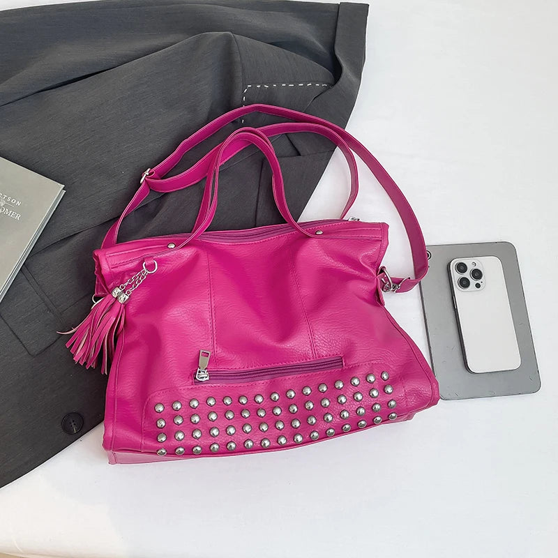 Chic Colors Rivets  Designer Messenger Leather Bags -Large Capacity