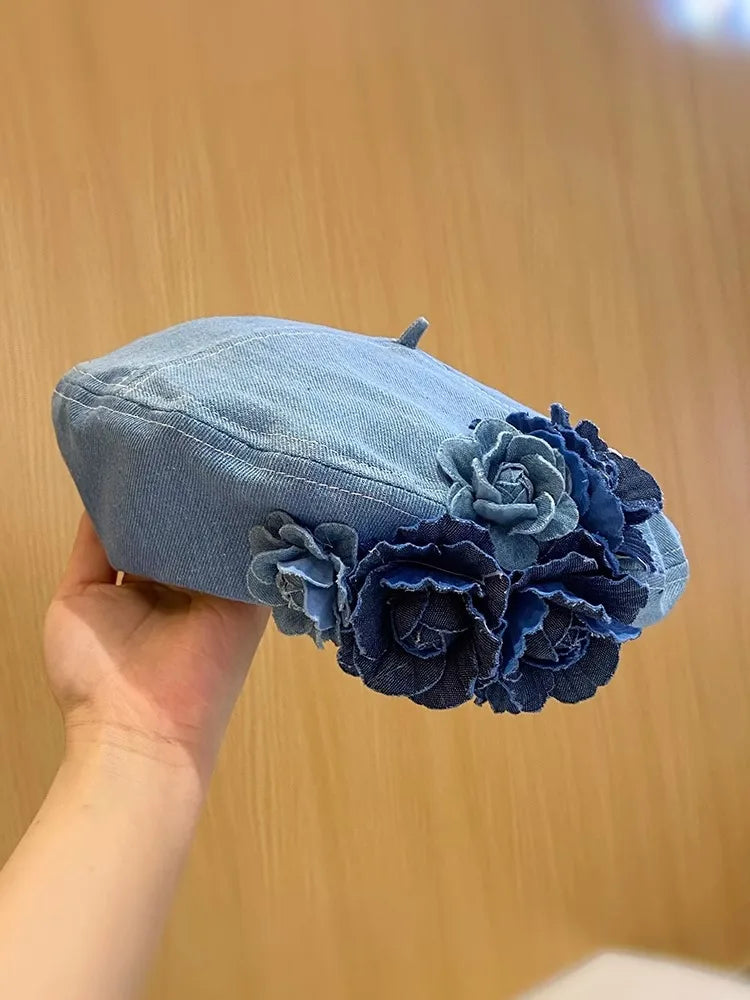 Denim Beret Hats with Flower