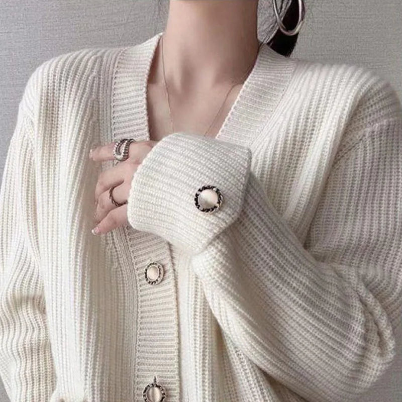 Elegant   Loose-Fit V-Neck Knitted  Cardigan with  Long Sleeve One Size