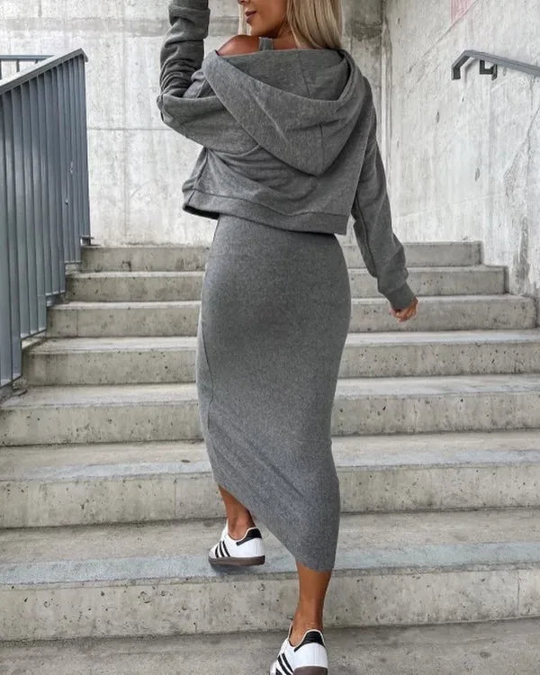 Sporty Slim Fit V-Neck Hooded Sweater Long Dress with Short Top- 2 Prices Set