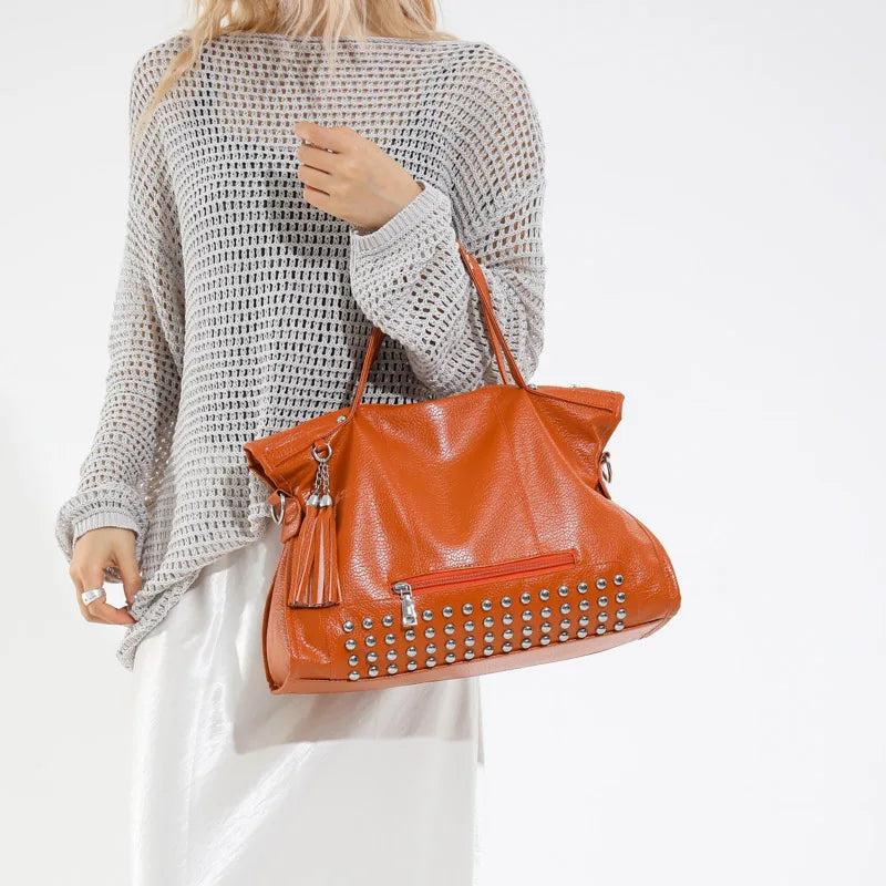 Chic Colors Rivets  Designer Messenger Leather Bags -Large Capacity