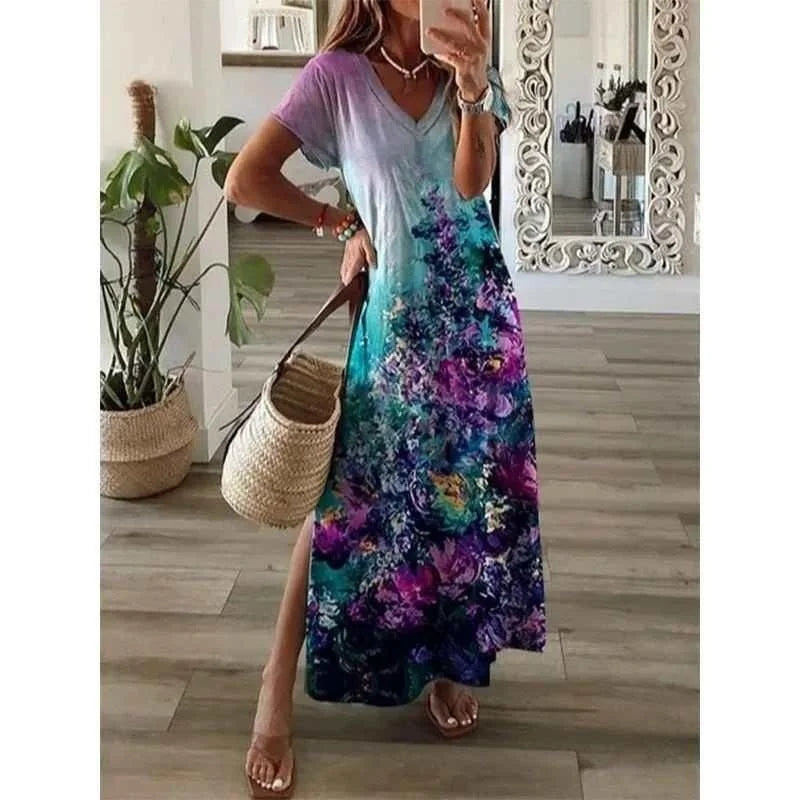 Women's Faion Print Split Dr ort Sve V-ne Pullover H-aped Cleanfit Tee-quarter Sve Linen Blend Ciwalk Dr