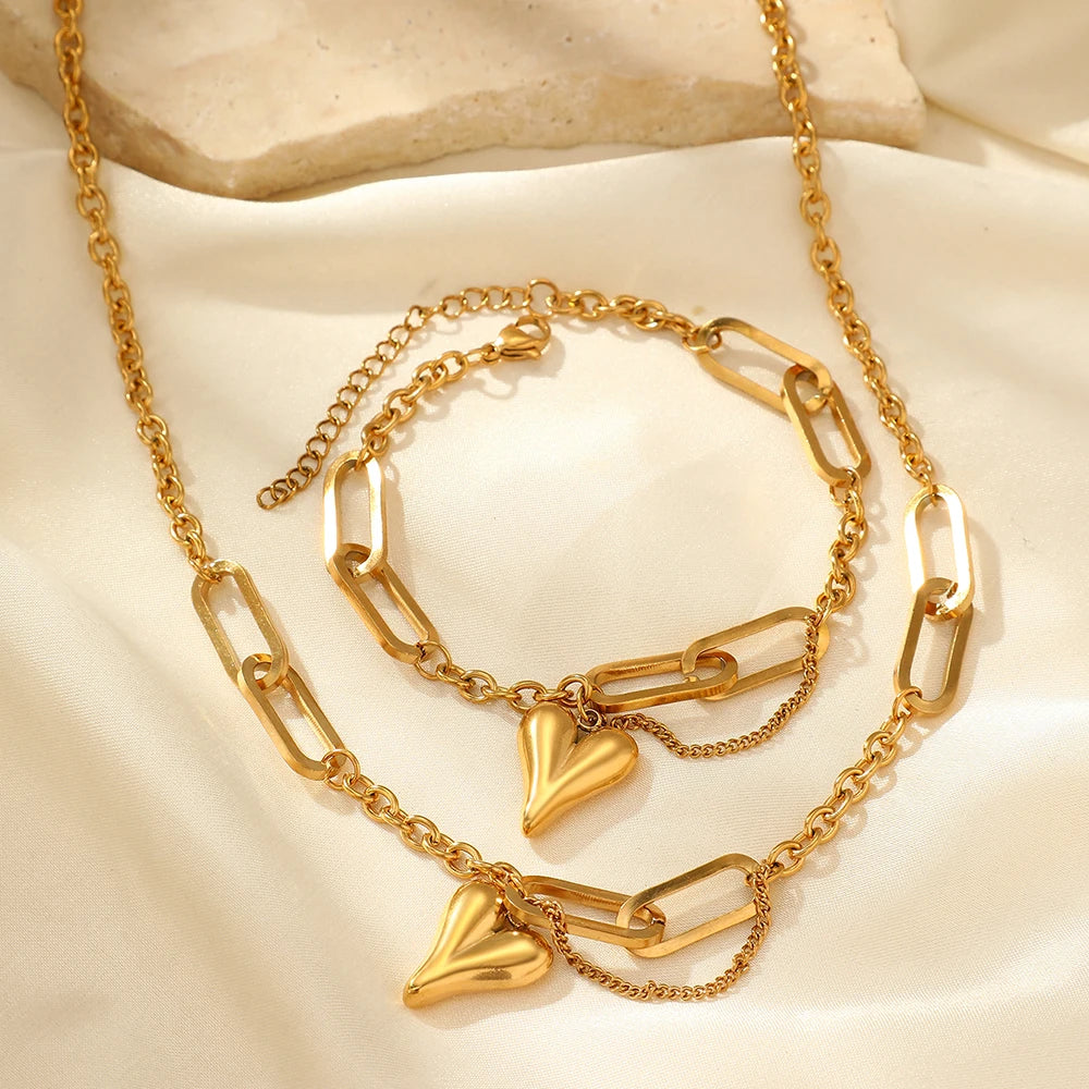 Matching Heart Shaped Chain Necklace & Bracelet Set