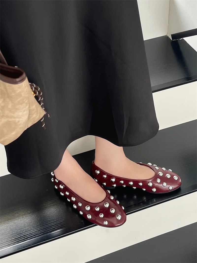 Classic Vintage Brown Shoes with  Metal Rivet Round Toe Loafers
