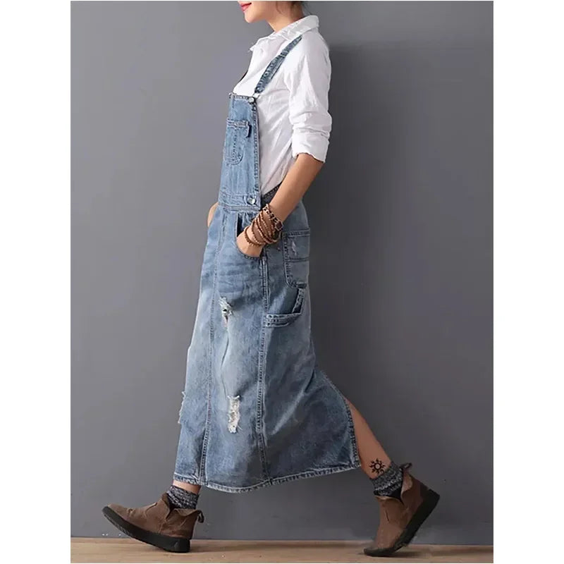 Denim Sleeveless Strap Straight Long Skirt.