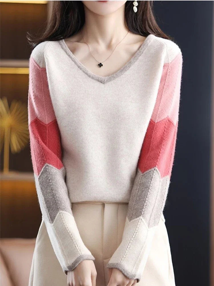 Artist Style  Patchwork V Neck Knitted Sweater Tops
