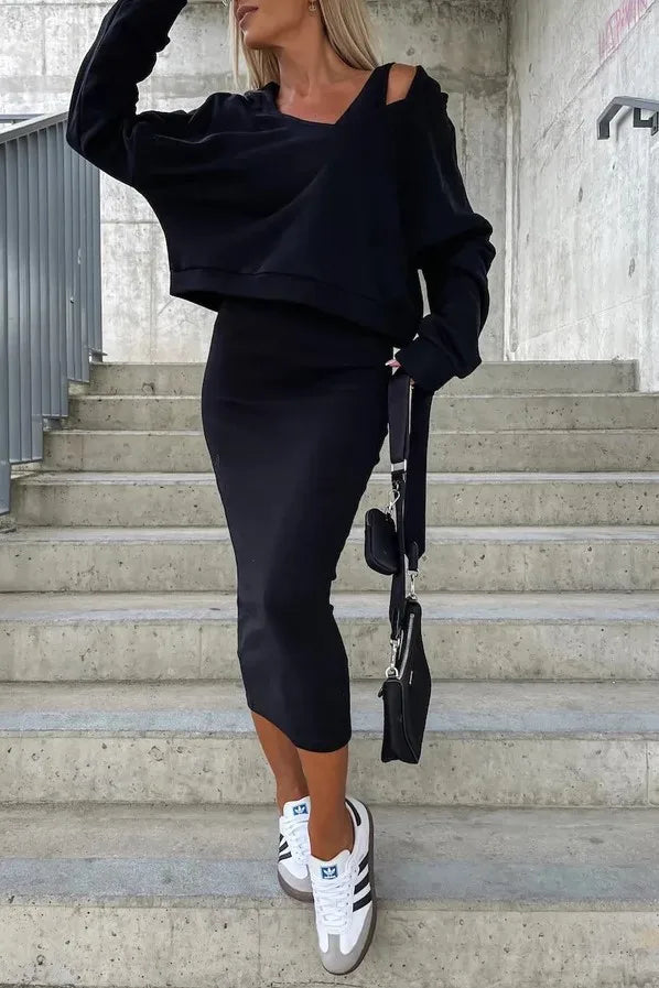 Sporty Slim Fit V-Neck Hooded Sweater Long Dress with Short Top- 2 Prices Set