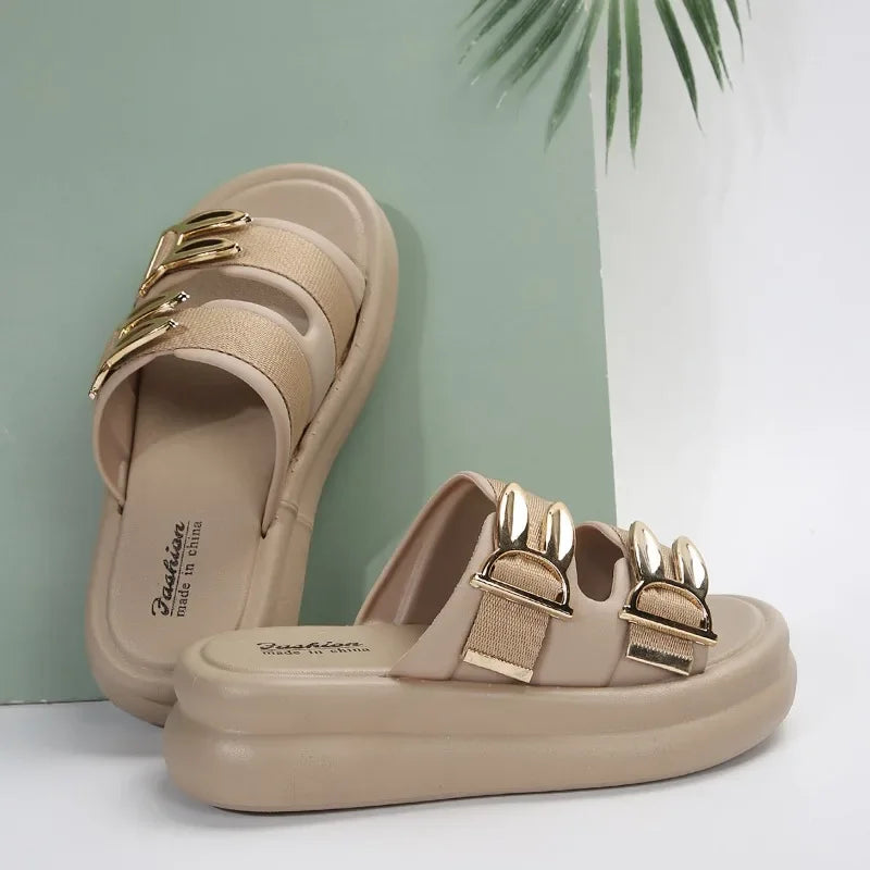 Ladies Shoes 2024 Slingbacks Women's Slippers Fashion Metal Decoration Daily Slippers Women Hot Sale Round Toe Platform Slippers