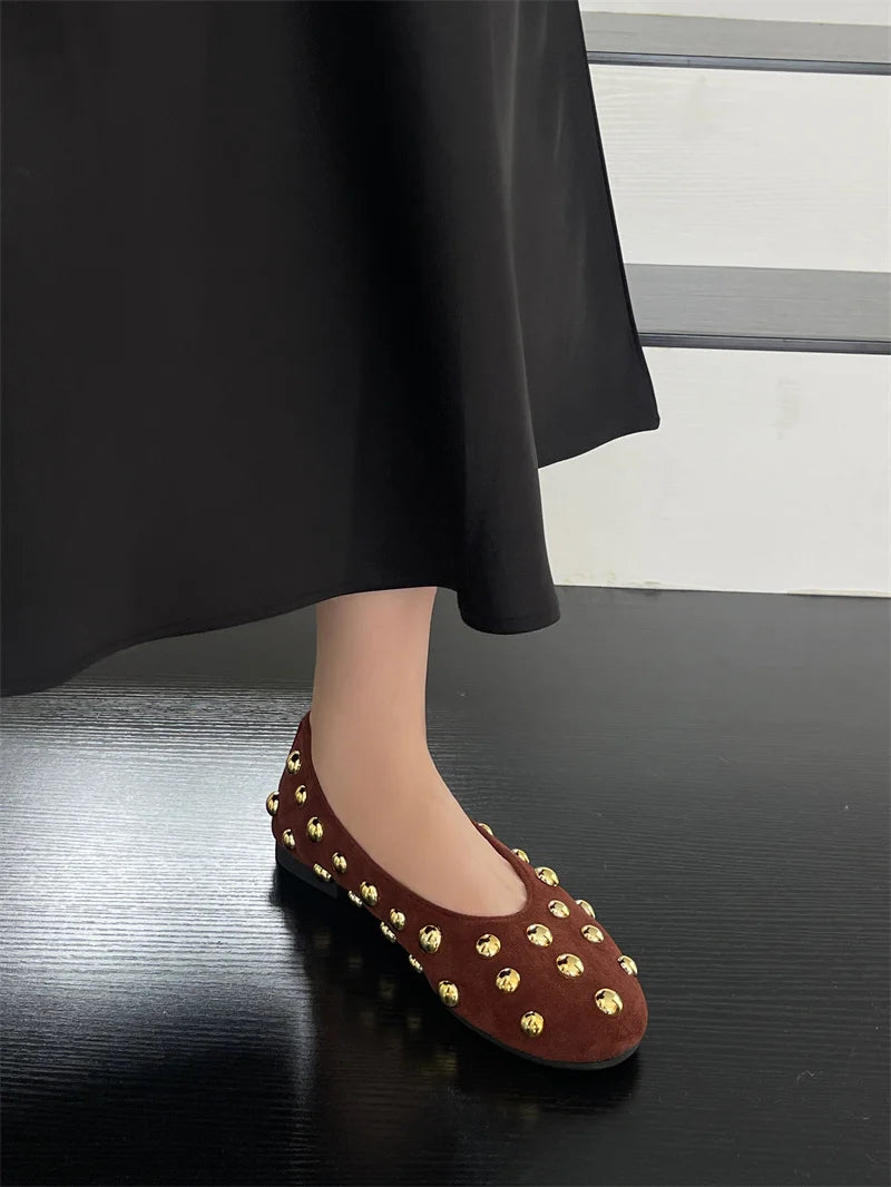 Classic Vintage Brown Shoes with  Metal Rivet Round Toe Loafers