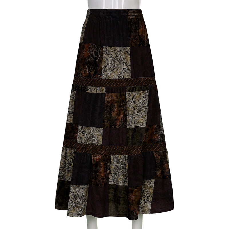 Boho  Patchwork Brown Pleated   Skirt