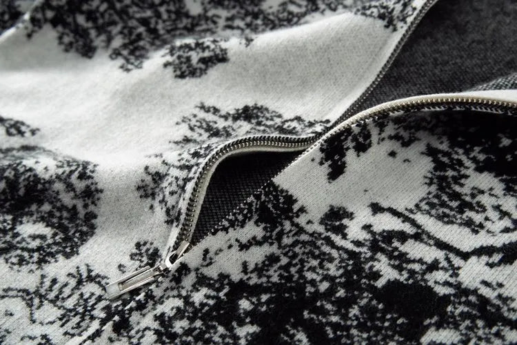 Tie Dye Pure Wool Black and White  Painting Hooded Zipper Cardigan