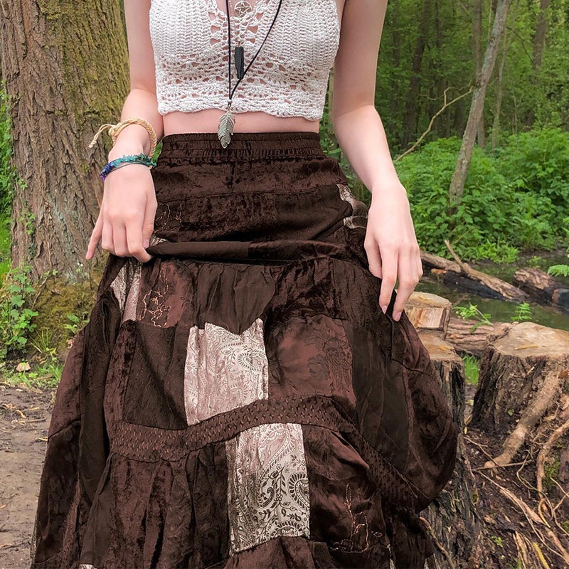 Boho  Patchwork Brown Pleated   Skirt