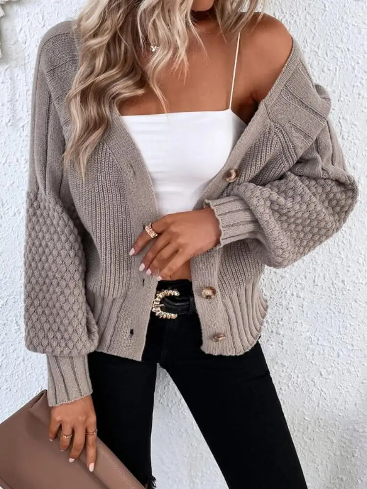 Khaki  V-neck Knit Button Sweater Cardigan Coat