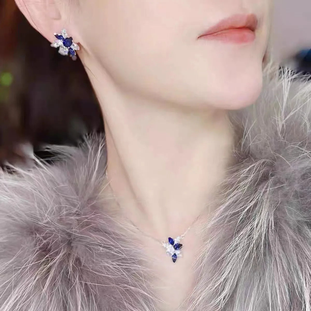 Sterling Silver Blue & White Sapphire Jewelry Set - Earrings & Necklace