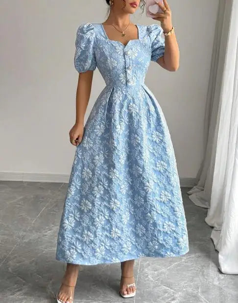 Sky Blue Daisy Relief Short-Sleeved Maxi Dress