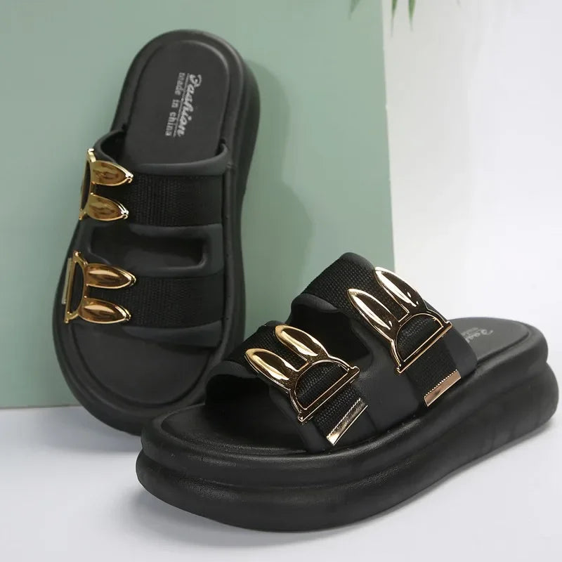 Ladies Shoes 2024 Slingbacks Women's Slippers Fashion Metal Decoration Daily Slippers Women Hot Sale Round Toe Platform Slippers