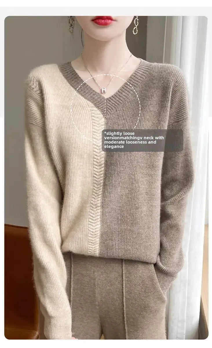 Chic Cashmere Knitted Color Block Patchwork Loose-Fit Style Pullover