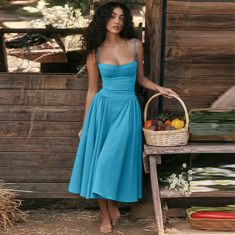 Party Pleated Hem Sling Midi Sleeveless Backless Dresses