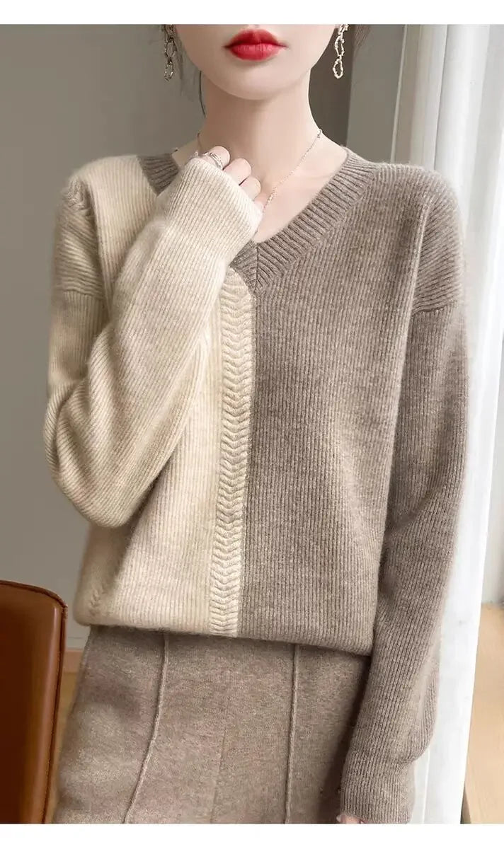 Chic Cashmere Knitted Color Block Patchwork Loose-Fit Style Pullover