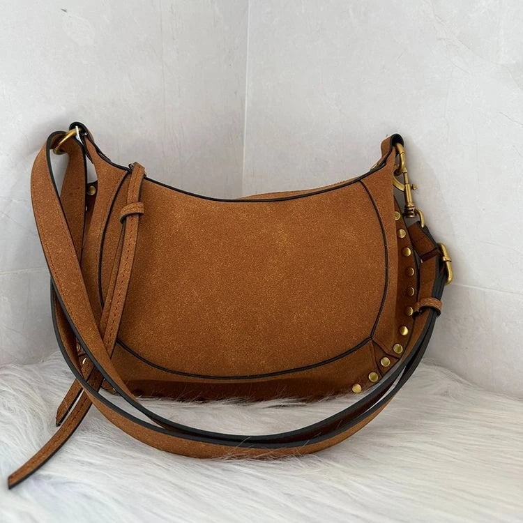"Half Moon' Retro Classic Style Cowhide Shoulder Bag with Gold Rivet