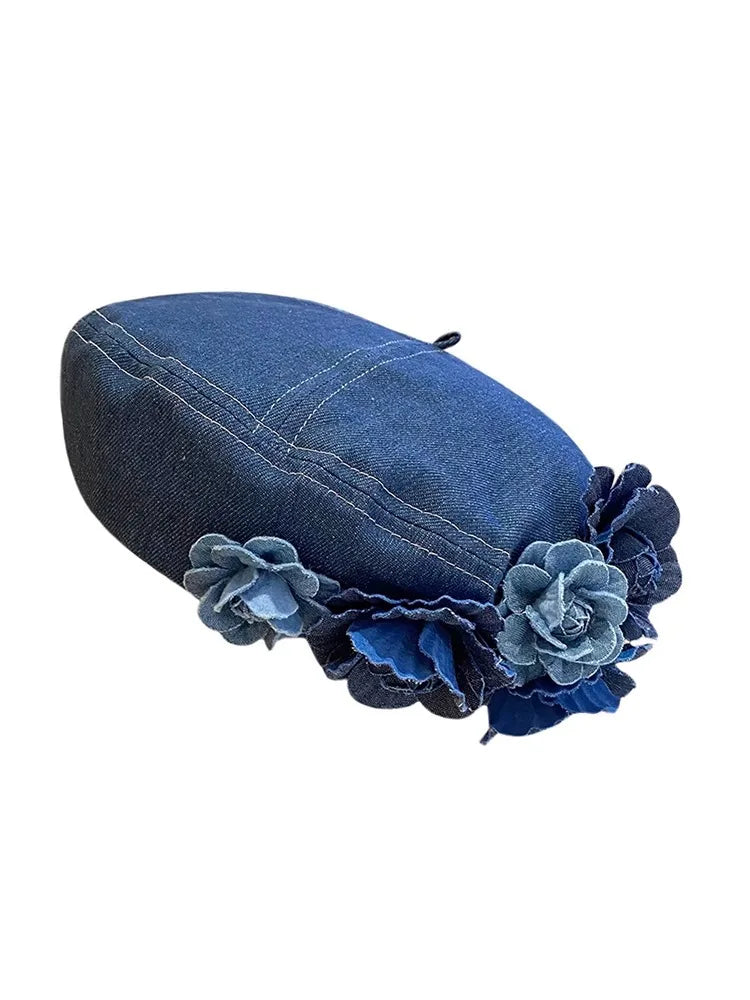 Denim Beret Hats with Flower