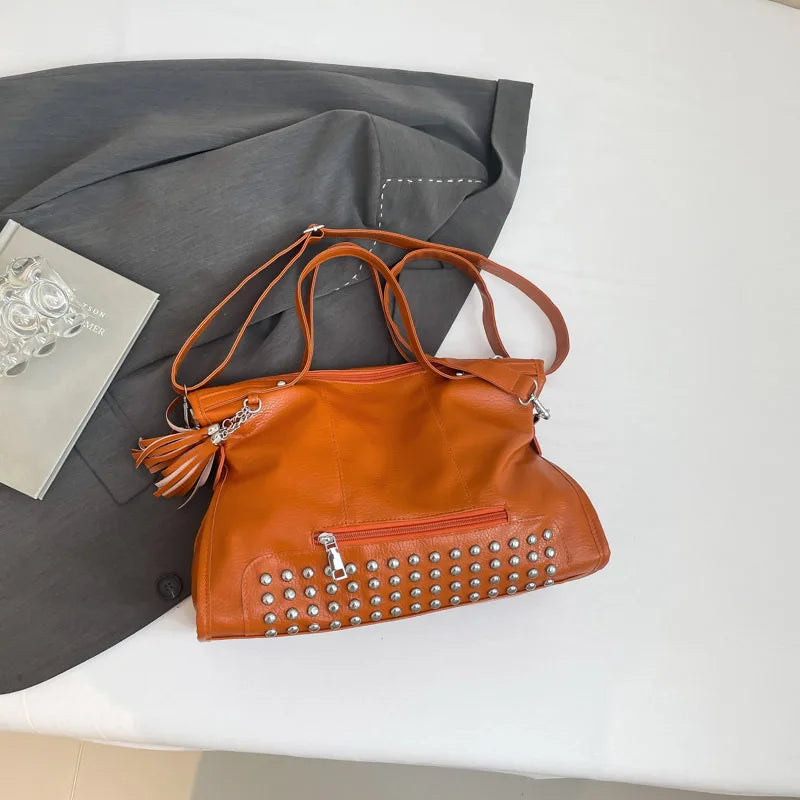 Chic Colors Rivets  Designer Messenger Leather Bags -Large Capacity