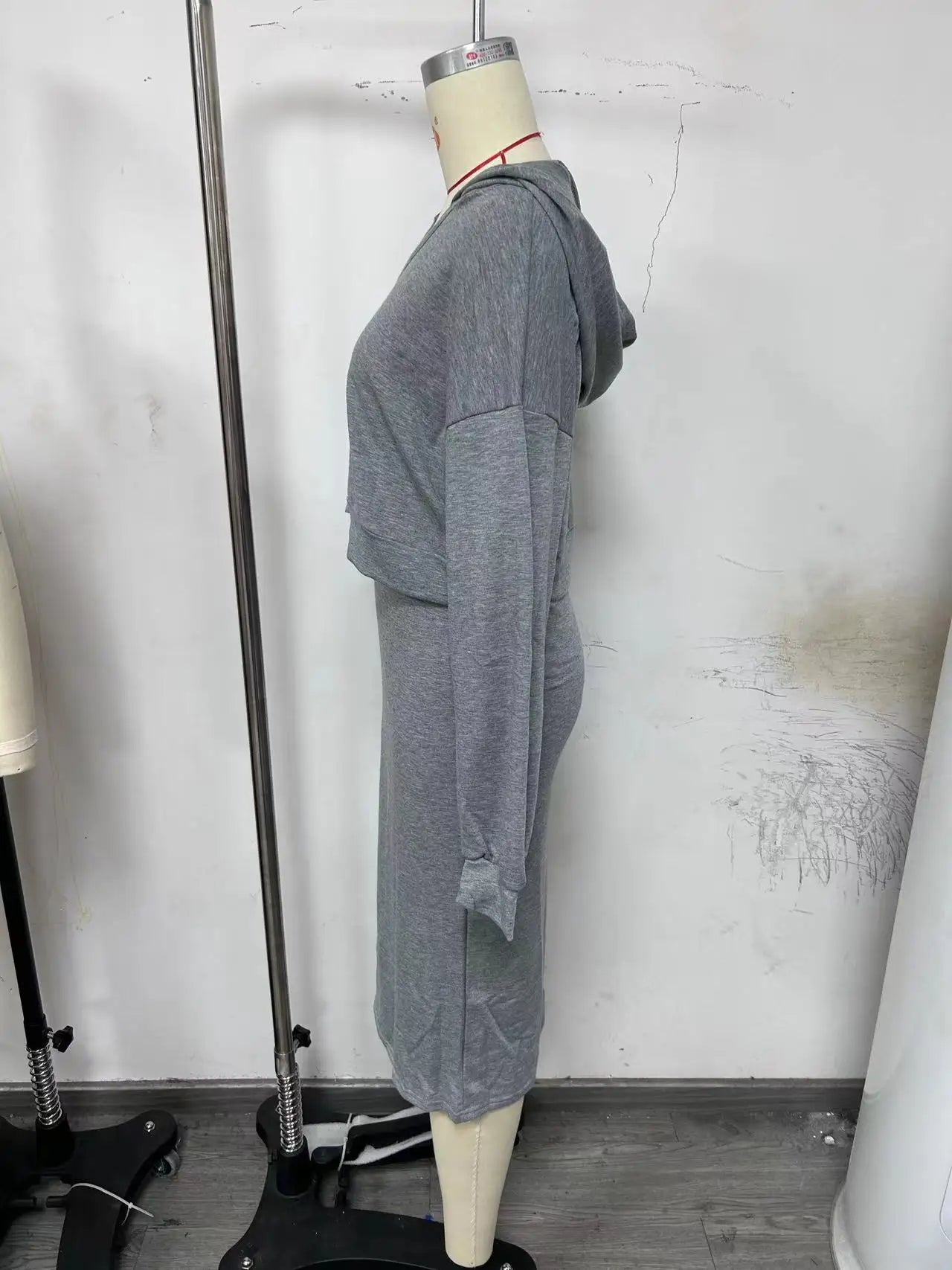 Sporty Slim Fit V-Neck Hooded Sweater Long Dress with Short Top- 2 Prices Set