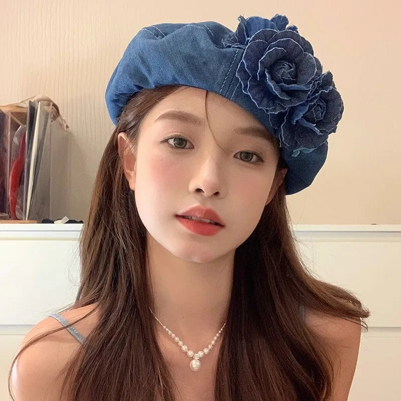 Denim Beret Hats with Flower