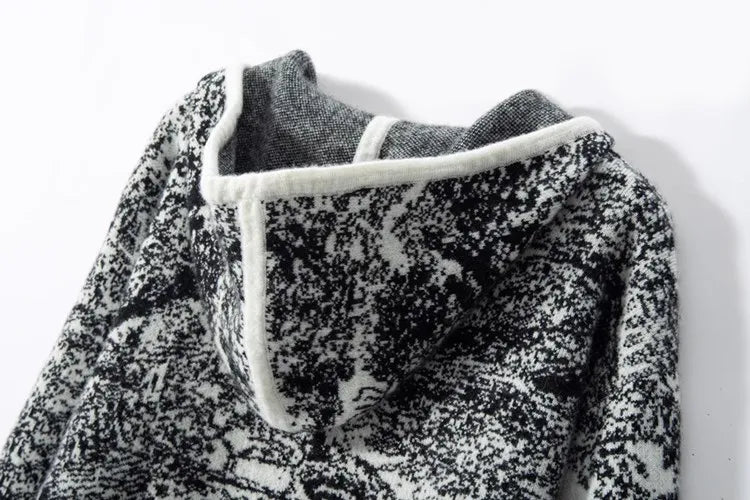 Tie Dye Pure Wool Black and White  Painting Hooded Zipper Cardigan