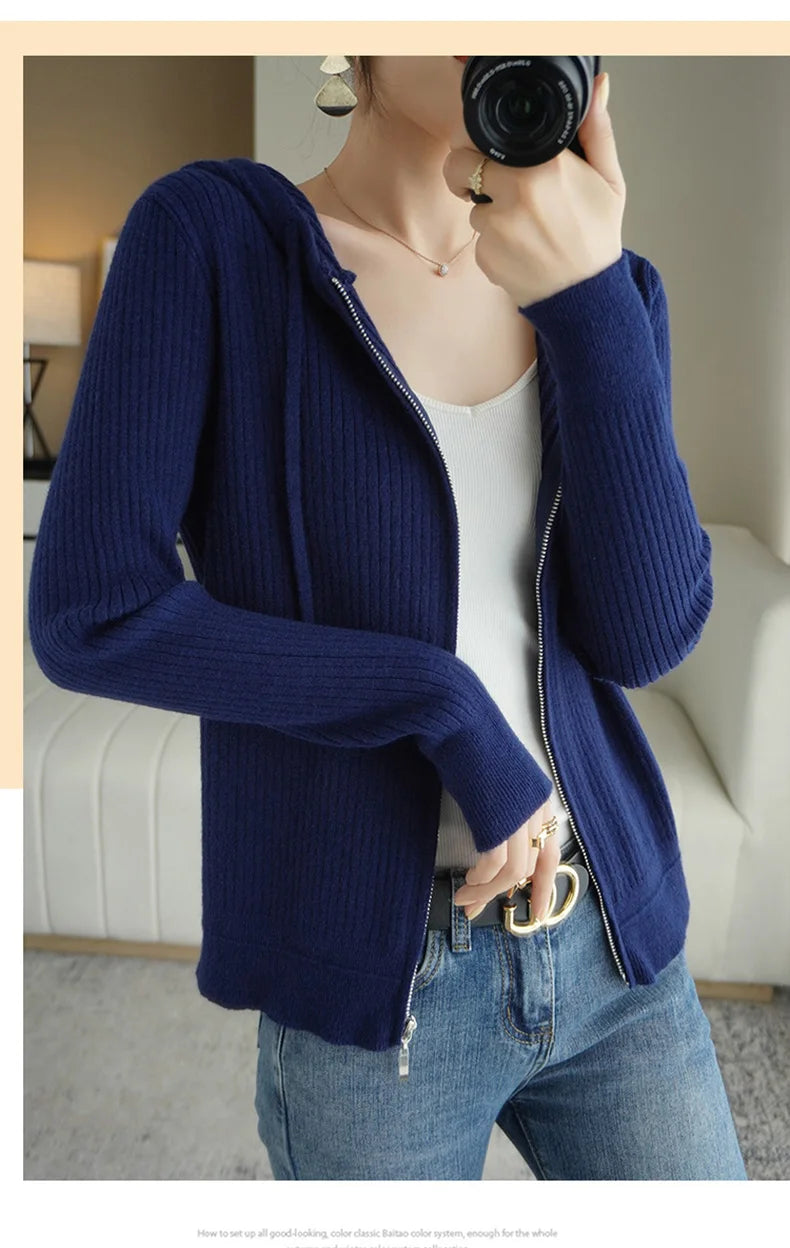 Buttery Soft 100% Pure Merino Wool Knitted  Zipper Hooded Cardigan