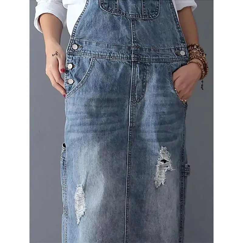Denim Sleeveless Strap Straight Long Skirt.