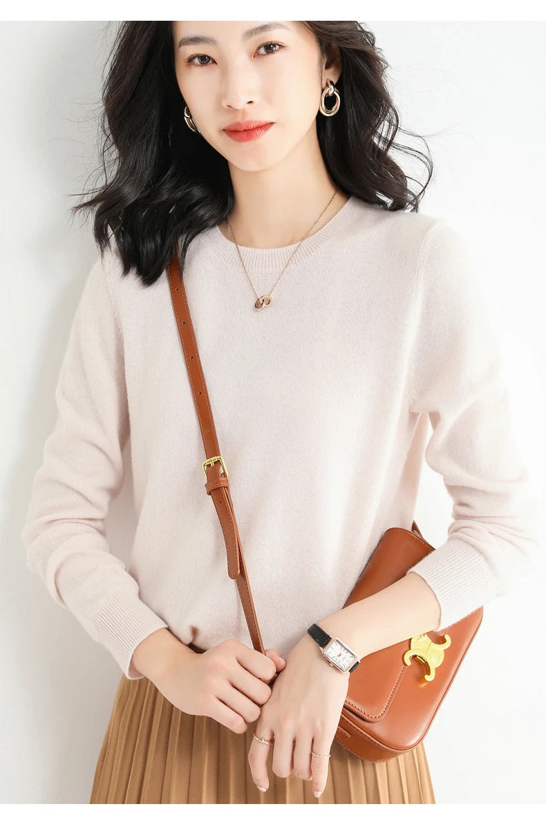 Classic Style Cashmere Round Neck Pullover with  Long Sleeve