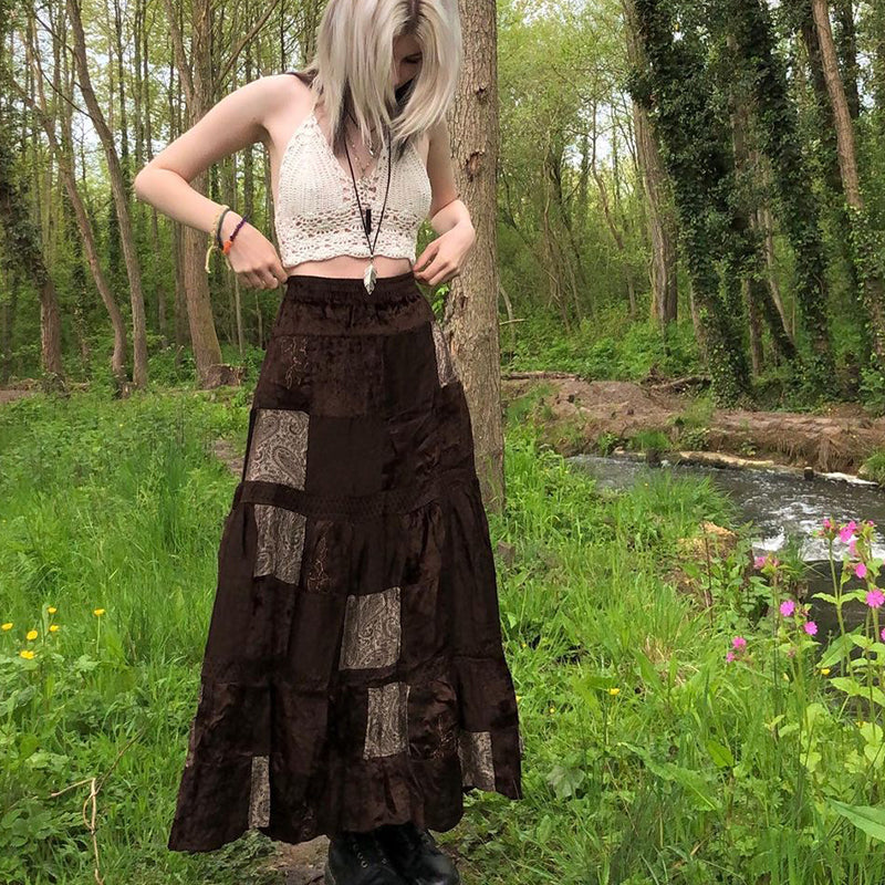 Boho  Patchwork Brown Pleated   Skirt