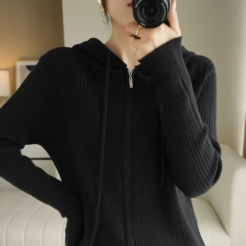 Buttery Soft 100% Pure Merino Wool Knitted  Zipper Hooded Cardigan